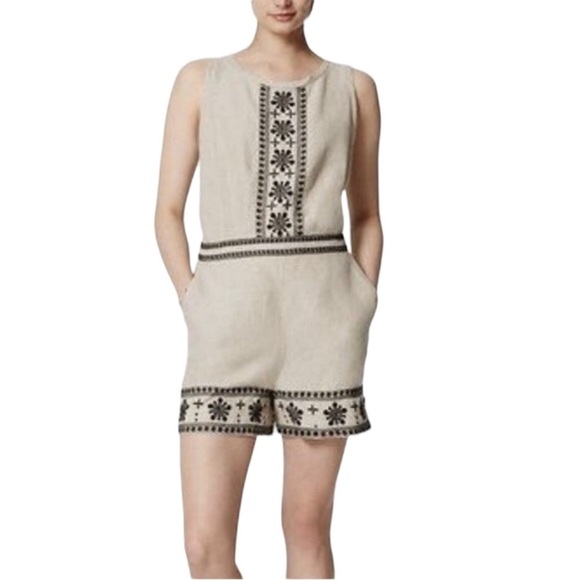 🌺LOFT Linen Embroidered Romper in Khaki Linen Size 4🌺 - Picture 1 of 7